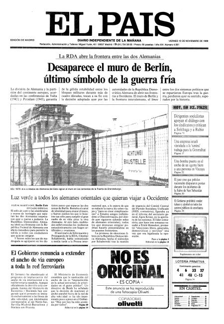 La portada de El País con la desaparición del muro de Berlín