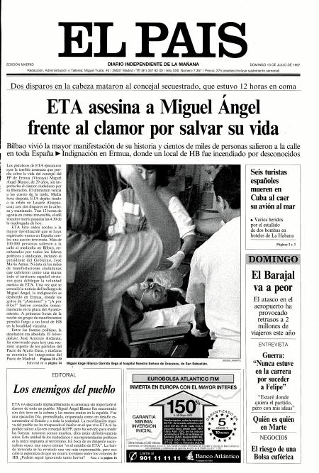 La portada de El País con el asesinato de Miguel Ángel Blanco por parte de ETA.
