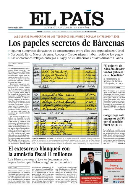 La portada de El País con los papeles secretos de Luis Bárcenas
