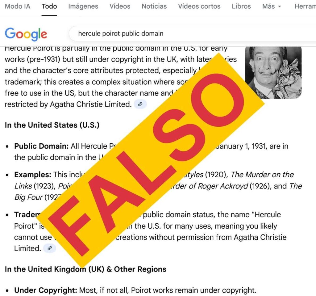 En la imagen un "fake" que la Inteligencia Artificial de Google ha colocado en lo alto de sus búsquedas confundiendo al personaje Hercule Poirot de Agatha Christie con Salvador Dalí